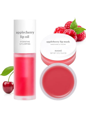 NOONI Korean Vegan Lip Oil - Applecherry, 0.12 Fl Oz + Appleberry Korean Lip Tinting Butter, 42 oz. Bundle