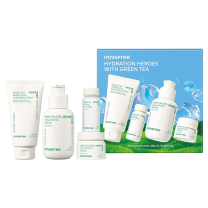 innisfree Green Tea Seed Hydrating Serum with Hyaluronic Cream, Toner, Cleansing foam